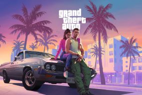 “GTA 6 teaser image with anticipated release date and Rockstar Games logo in the background.”