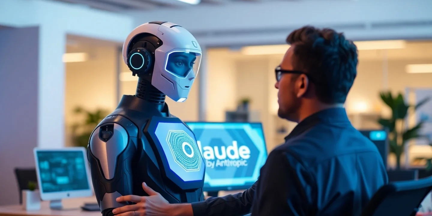 Illustration of Claude AI digital assistant interacting with a human in a modern workspace, representing AI-human collaboration