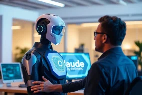 Illustration of Claude AI digital assistant interacting with a human in a modern workspace, representing AI-human collaboration