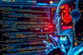 Illustration of Google Gemini AI showing a user interacting with a futuristic Google interface using multimodal features like text, code, and images.