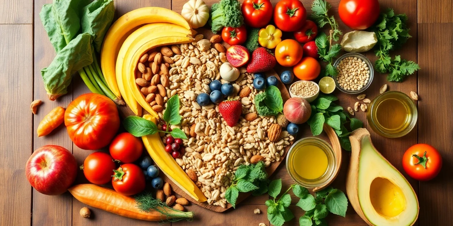 Healthy heart with vegetables, fruits, and exercise icons symbolizing natural cholesterol reduction