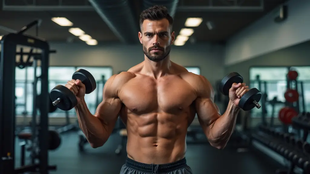How to Gain Muscle – muscular man lifting dumbbells in a modern gym, showing defined muscles with gym equipment like barbells and weight plates in the background under bright lighting.
