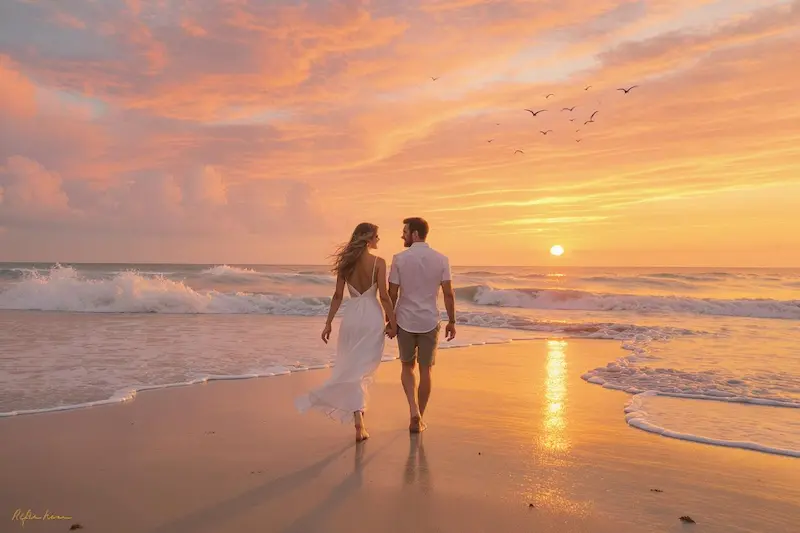 Romantic couple walking barefoot on Galveston beach at sunset — a peaceful moment during a cheap romantic getaways in Texas.