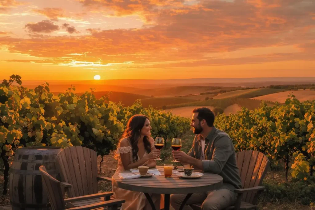 Romantic couple enjoying wine in Fredericksburg vineyard, Texas.